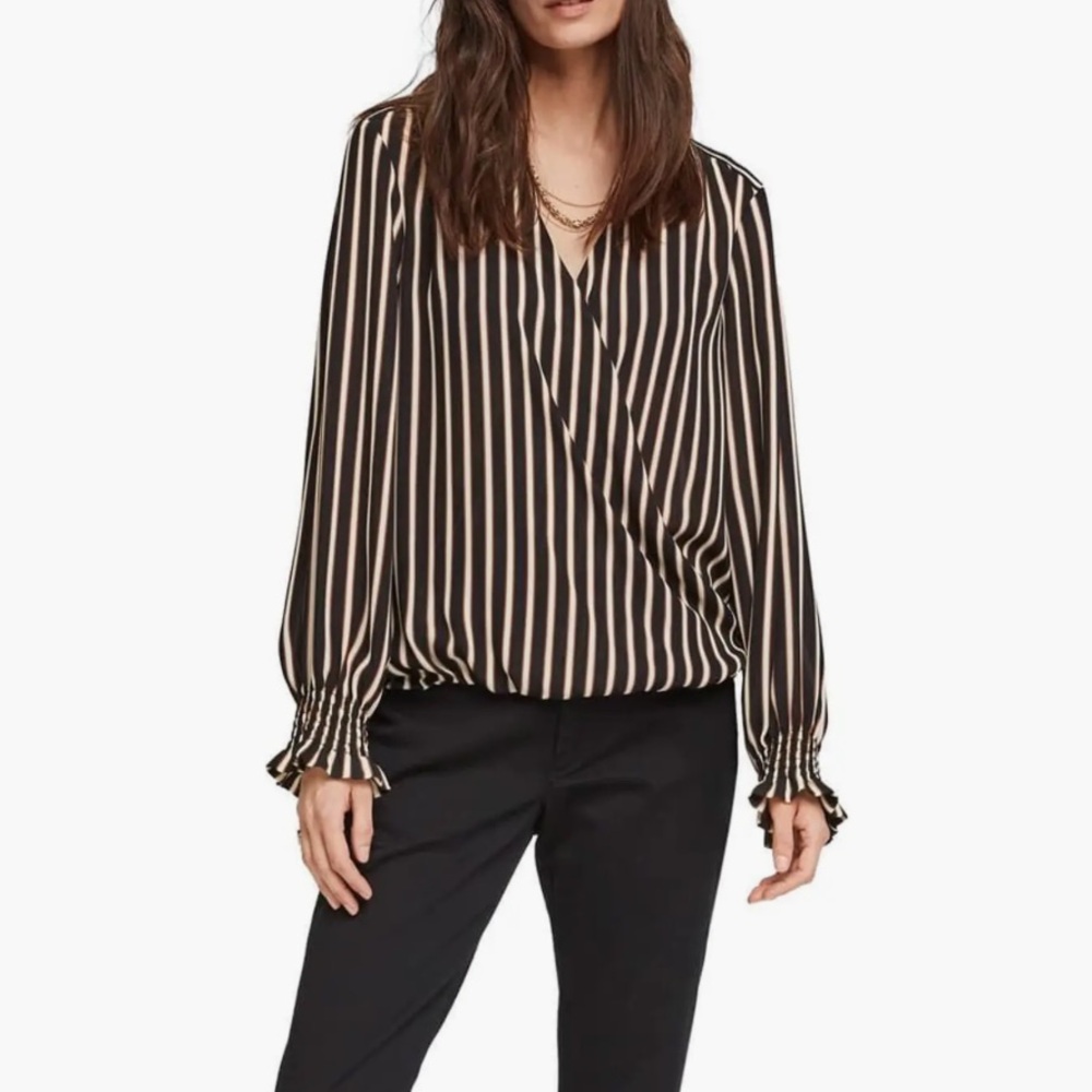 Black and Cream Striped Wrap Front Long Sleeve Blouse Interview Outfit Women